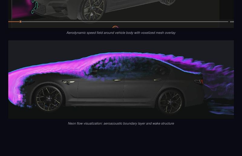 Neon flow visualization showing aeroacoustic boundary layer around vehicle
