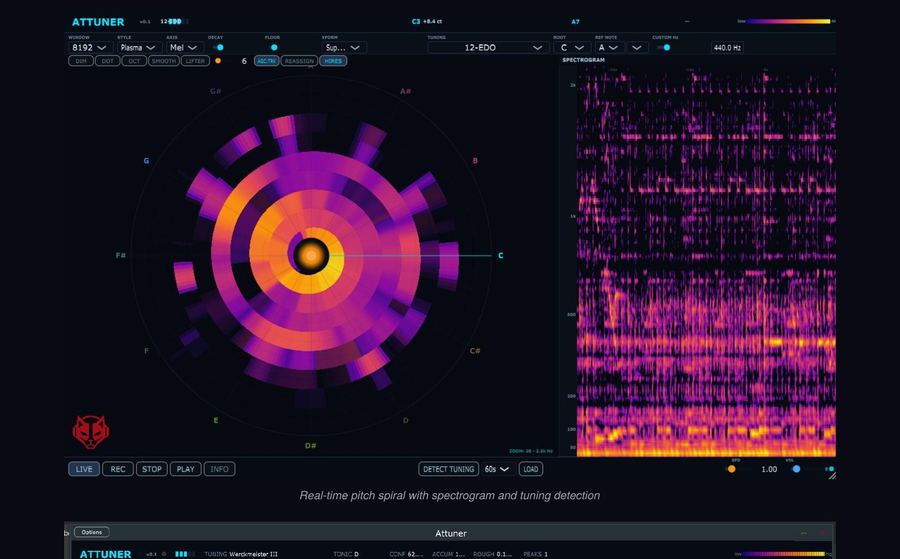 Attuner VST3 plugin interface showing spiral pitch visualizer and spectrogram